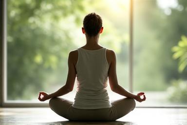 Persona sentada en posición de loto realizando yoga o meditación, en un espacio tranquilo, transmitiendo calma.