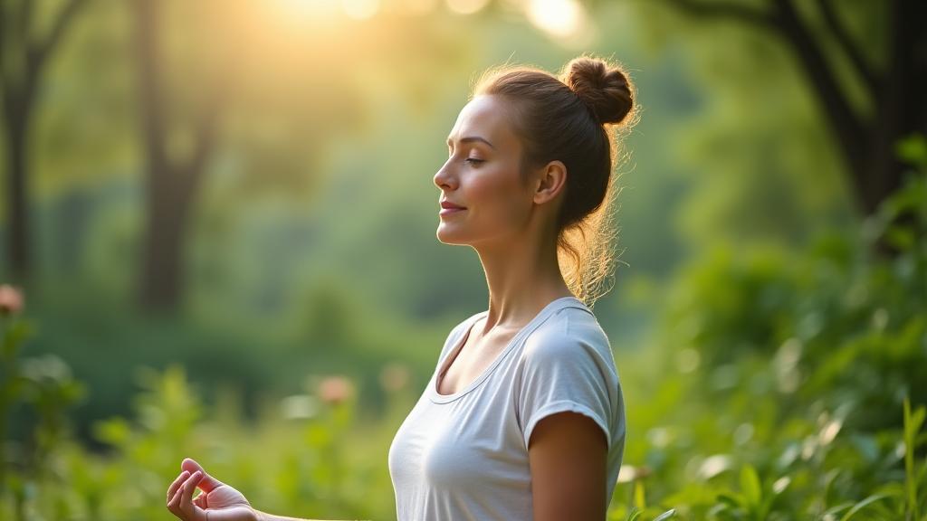 Mujer adulta con auriculares meditando en un entorno natural y sereno, simbolizando bienestar integral.