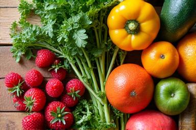 Variedad de frutas frescas y vegetales orgánicos en una tabla de cortar, representando alimentación saludable.
